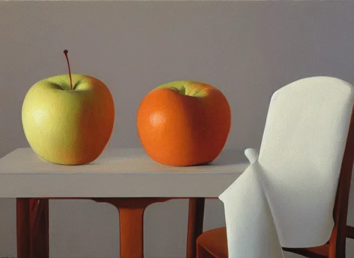Prompt: 5 0 % white canvas and 5 0 % of a painting by rene magritte showing two chairs having a conversation about apples and oranges. elegant, highly detailed, artstation, smooth, sharp focus