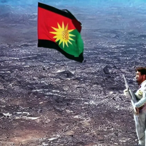 Image similar to kurdish astronaut holding a kurdistan flag in a movie directed by christopher nolan, movie still frame, promotional image, imax 7 0 mm footage