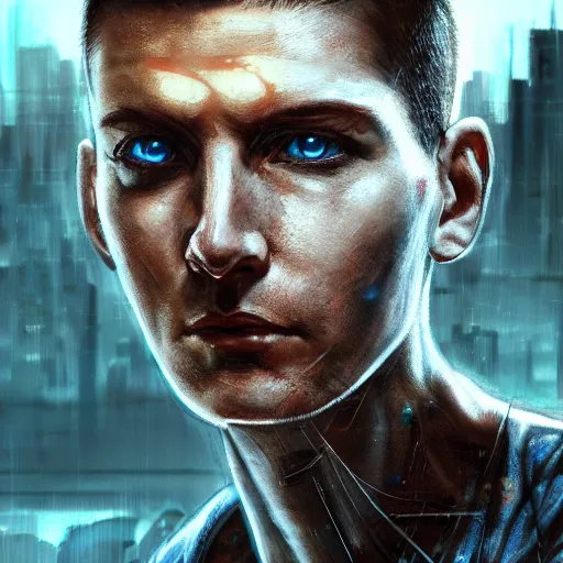 Prompt: cyberpunk, armitage, closeup portrait of a stoic ex soldier with a battlescar and light blue eyes, brown buzzcut, cyborg, dramatic light, city background, sunset, dystopian setting, high contrast, sharp, neuromancer, painted by stanley lau, painted by greg rutkowski, painted by stanley artgerm, digital art, trending on artstation