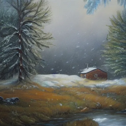 Prompt: oil painting, snow blizzard in woodland meadow, log cabin, smoke billowing from chimney, water stream, water wheel, oak trees, pine trees, mild breeze wind, detailed