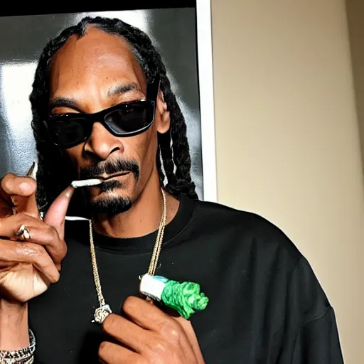 Prompt: Snoop Dogg is holding a joint that has green smoke coming out of it while he is sitting in a studio and doing a podcast.