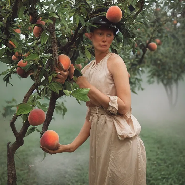 Prompt: a closeup portrait of a woman wearing a helmet made of plastic and mylar, picking peaches from a tree in an orchard, foggy, moody, photograph, by vincent desiderio, canon eos c 3 0 0, ƒ 1. 8, 3 5 mm, 8 k, medium - format print