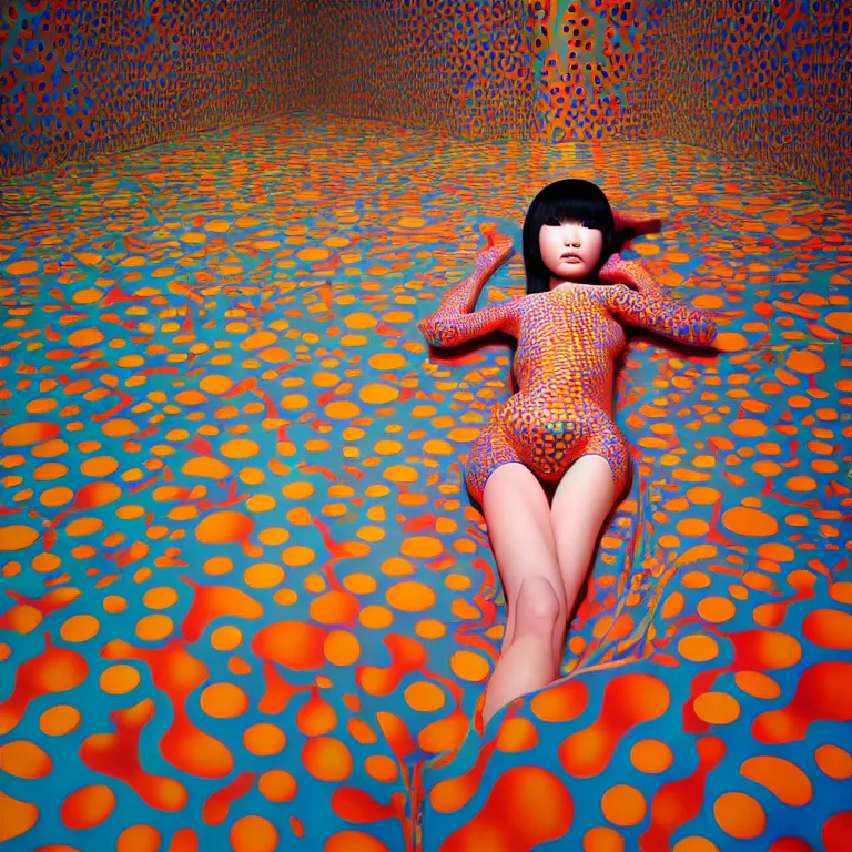 Image similar to realistic detailed image of a japanese model laying in a padded room, 8 k conjuring psychedelic background, part by yayoi kusama, part by alex gray, part by ross tran, part by james jean, ultra realistic, highly detailed, life like face, detailed body, 8 k, octane render, trending on artstation, very cohesive, masterpiece