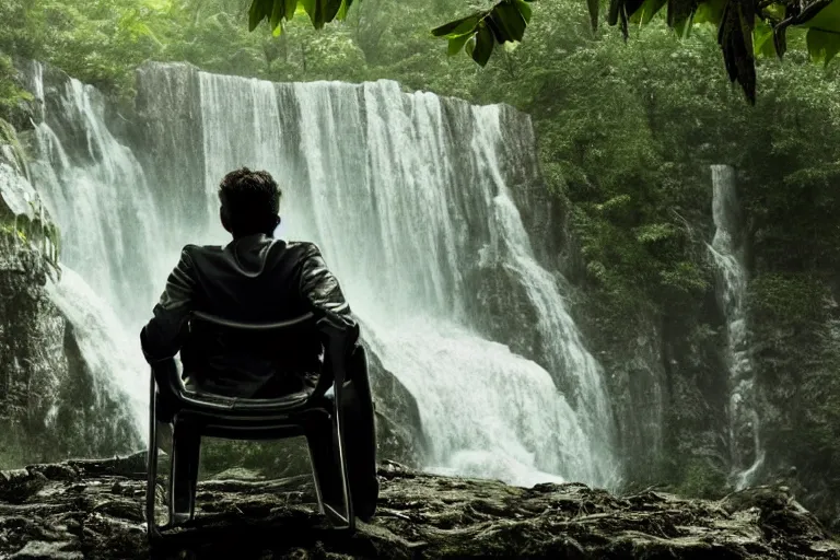 Image similar to movie closeup young man with a grey beard in a cyberpunk suit sitting on a futuristic chair at the edge of a jungle waterfall by emmanuel lubezki