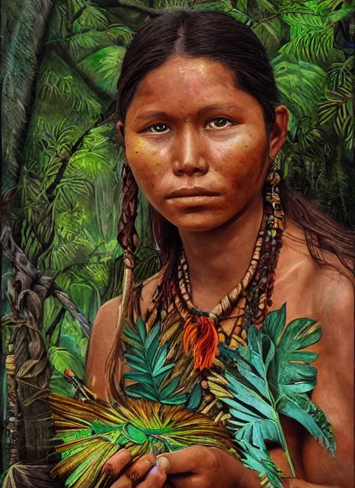 Image similar to a beautiful painting of a young indigenous female crafting a fabric in the jungle, realistic face, ayahuasca, fantasy art style, matte painting, highly detailed