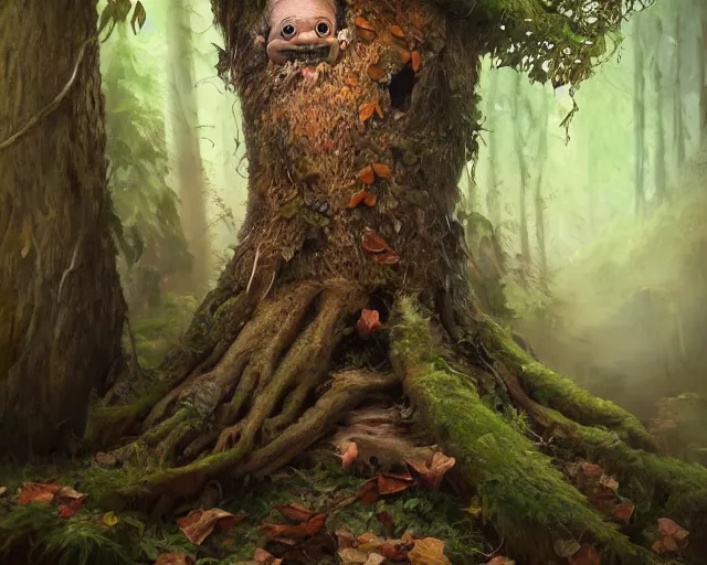 Prompt: a talking tree, a smiling face in the bark, bushy moustache, big eyes, nose, fantasy concept art, oil painting, hyperrealistic, highly detailed, artstation, cgsociety, in the forest