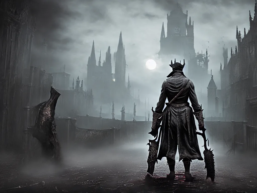 Prompt: bloodborne 2 hunter's dream, dark, nighttime, victorian england style, horror, serene, beautiful, heavy atmosphere, High Definition detail, 8K