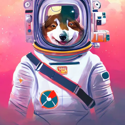 Prompt: a corgi puppy cosmonaut in outer space, beautiful digital illustration, highly detailed, concept art, character study, cinematic, inspired by neon genesis evangelion, anime