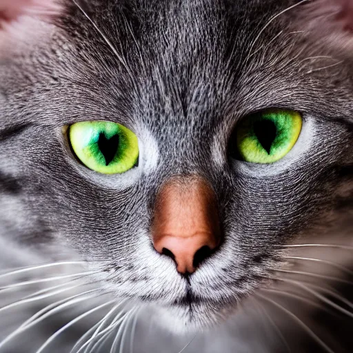 Image similar to portrait of an confused crazy gray cat using with clothes, (EOS 5DS R, ISO100, f/8, 1/125, 84mm, postprocessed, crisp face, facial features)