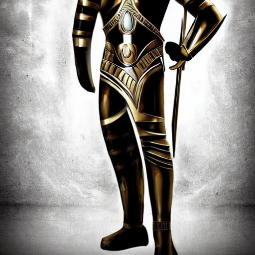 Image similar to a character in an egyptian themed futuristic metal suit, super hero, armor, sleek, beautiful face, cinematic pose, sci - fi art