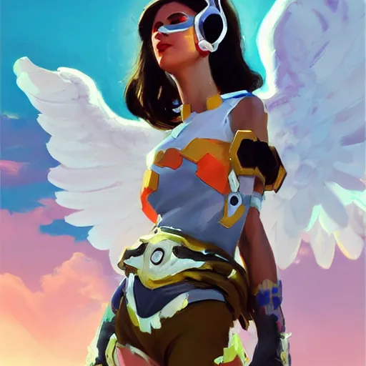 KREA - full body oil painting of tracer overwatch in the style of artgerm,  angel wings, angelic golden armor, dramatic painting, symmetrical  composition, ornate, high detail, gold detailed collar!!!!!, blooming,  lights, flowers