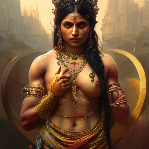 Prompt: portrait painting of a muscular bloodied indian goddess, ultra realistic, concept art, intricate details, eerie, highly detailed, photorealistic, octane render, 8 k, unreal engine. art by artgerm and greg rutkowski and alphonse mucha
