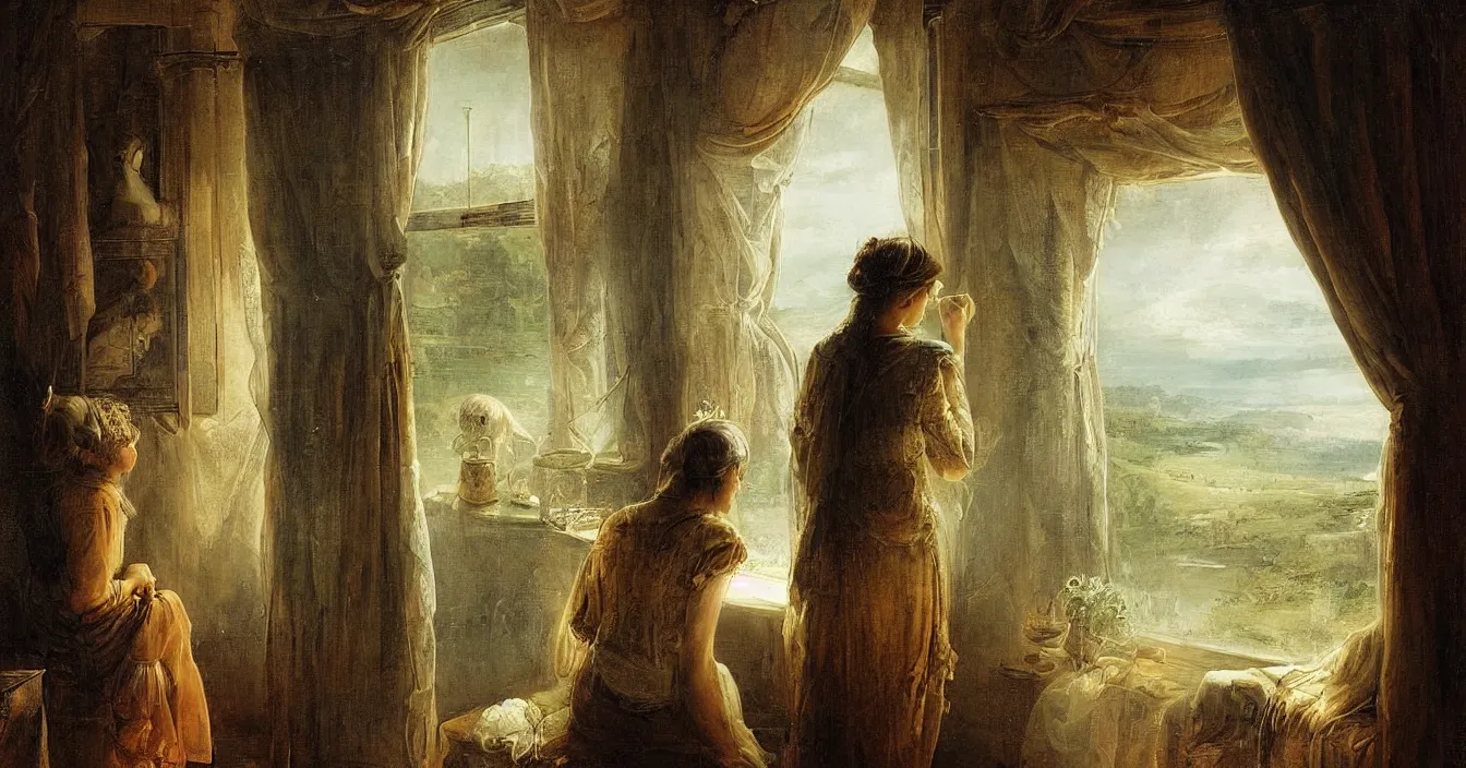 Image similar to view from behind mirror, very deep stillness atmosphere, dimension of still moment, spiritual style, digital art, by augustus edwin mulready