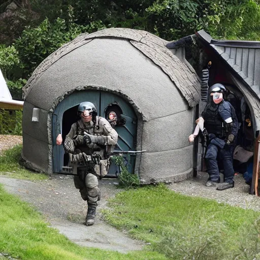 Prompt: swat raid on a hobbit house