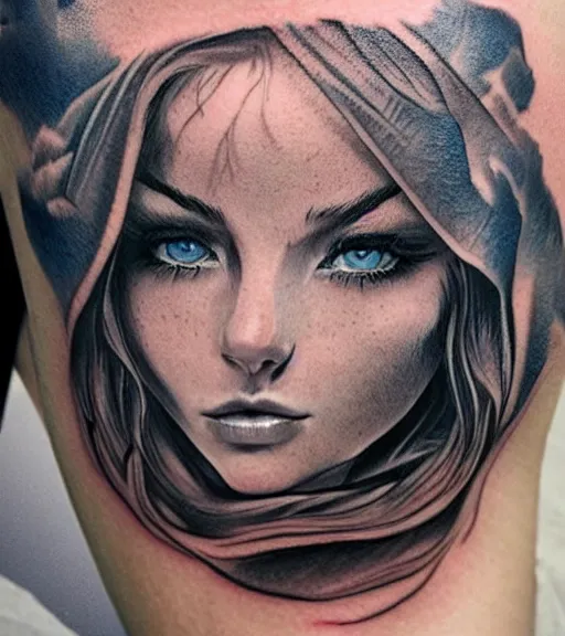 Image similar to tattoo design sketch of a beautiful blue - eyed woman face with a faded background of beautiful mountains and nature on her side, hyper - realistic, in the style of den yakovlev, amazing detail, black and white
