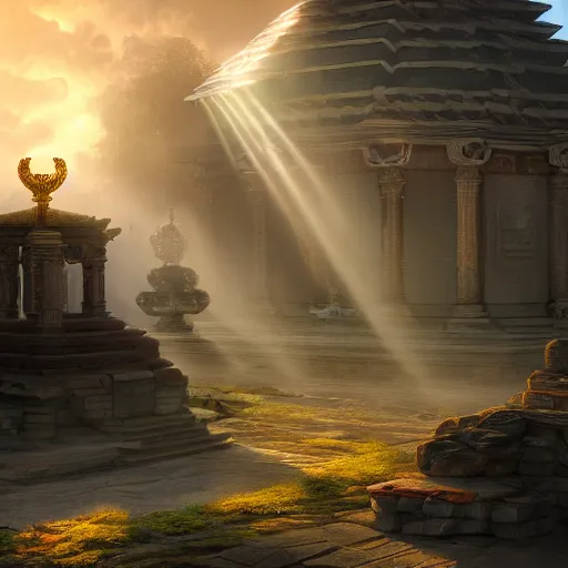 Image similar to temple of the cat god, digital art, atmospheric, sun rays, 4k, trending on artstation