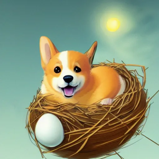 Prompt: concept art of a baby corgi emerging from an egg that looks like a tennis ball in a nest, realistic, detailed, cel shaded, in the style of makoto shinkai and greg rutkowski and james gurney