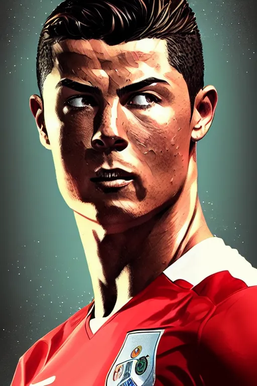 Image similar to christiano ronaldo, manga cover art, detailed color portrait, artstation trending, 8 k, greg rutkowski