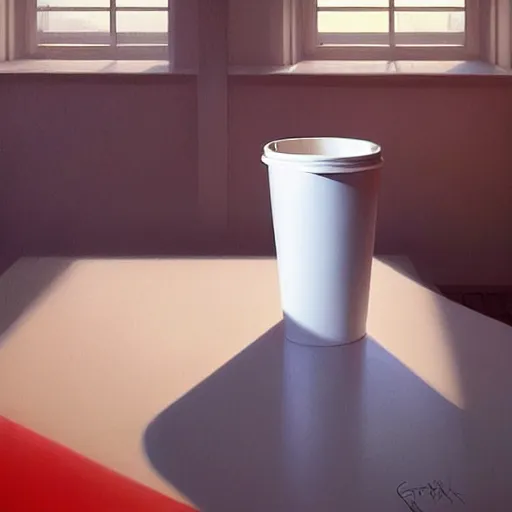 Prompt: white red white paper cup!!!, hyperrealistic, highly detailed, cinematic, volumetric sunlight, beautiful, cgssociety, artstation, 8 k, oil painting by greg rutkowski, by artgerm, by wlop