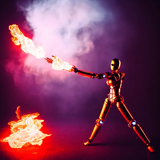 Image similar to robot woman fire dance holding spear, detailed bushido form, fighting stance energy, shibuya prefecture, cinematic lighting, fog mist smoke, photorealistic, night photography by tomino - sama