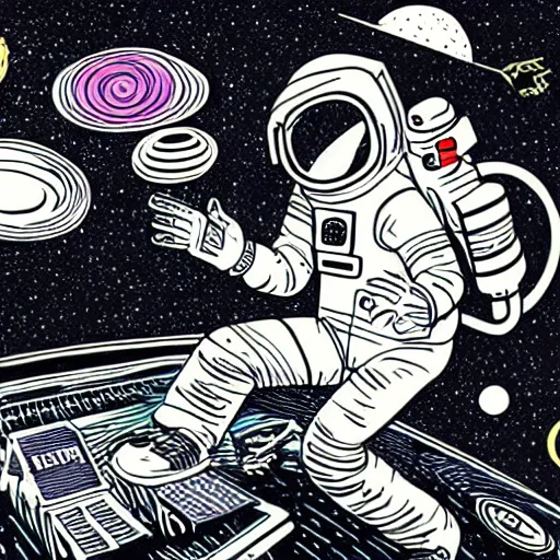 Image similar to colorful illumination animation, mcbess illustration, an astronaut drifting through space