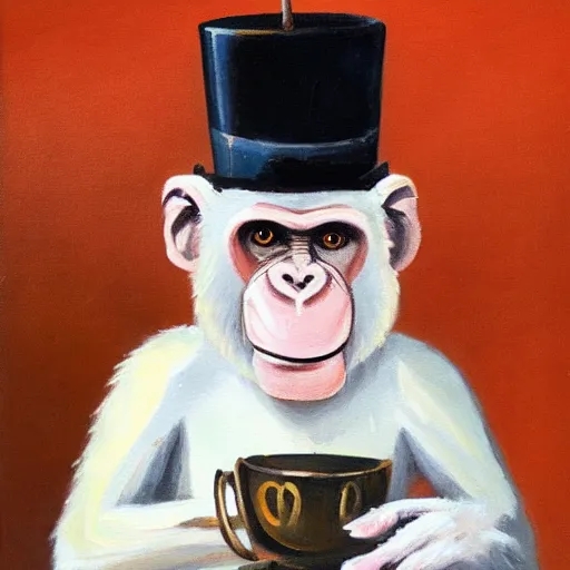 Image similar to a monkey wearing a monocle and a top hat drinking tea, brush strokes, oil painting