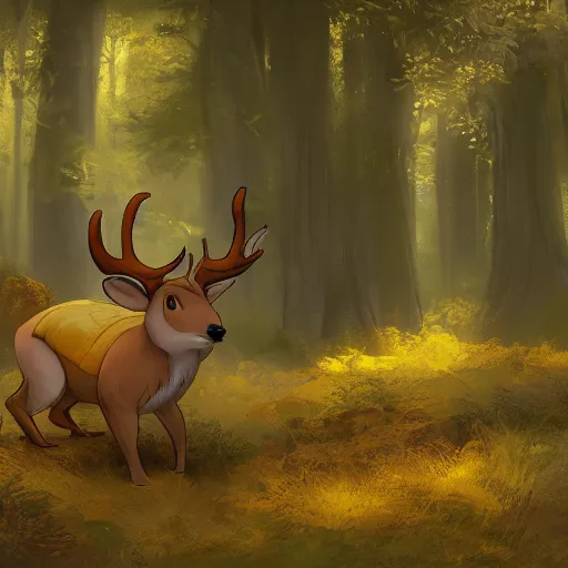 Image similar to concept art painting of an anthropomorphic elderly chubby doe deer wearing yellow robes, in the deep forest, realistic, detailed, cel shaded, in the style of makoto shinkai and greg rutkowski and james gurney