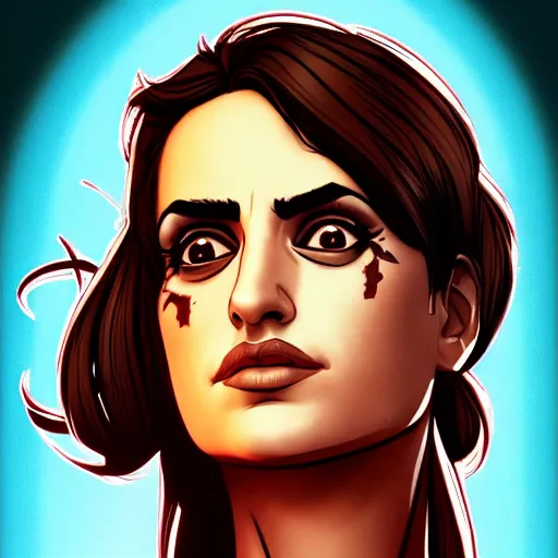 Image similar to penelope cruz portrait, borderlands, tales from the borderlands, the wolf among us, comic, cinematic lighting, studio quality, 8 k