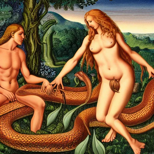 Image similar to adam and eve siting in the garden of eden rosting a snake over a campfire ultrarealistic 1 5 0 mpx