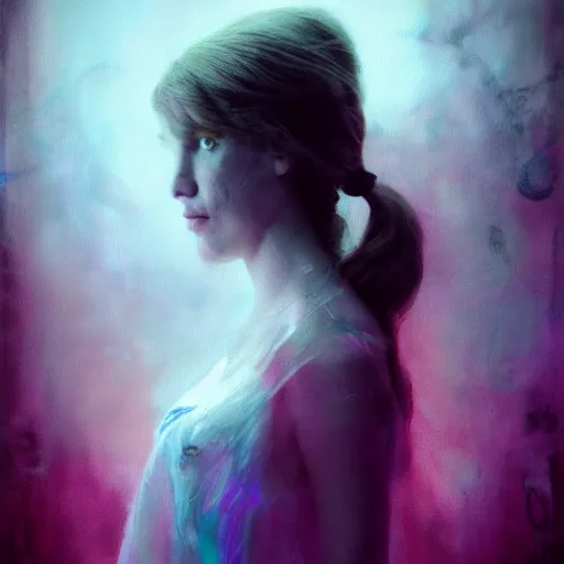 Prompt: beautiful Alice in wonderland portrait by cy Twombly and BASTIEN LECOUFFE DEHARME, iridescent, volumetric lighting