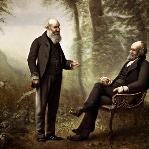 Prompt: charles darwin having a conversation with charles babbage, on a walk through a forest made of the analytical engine, and nature, hyper realistic, hyper detailed, 5 0 mm, octane render