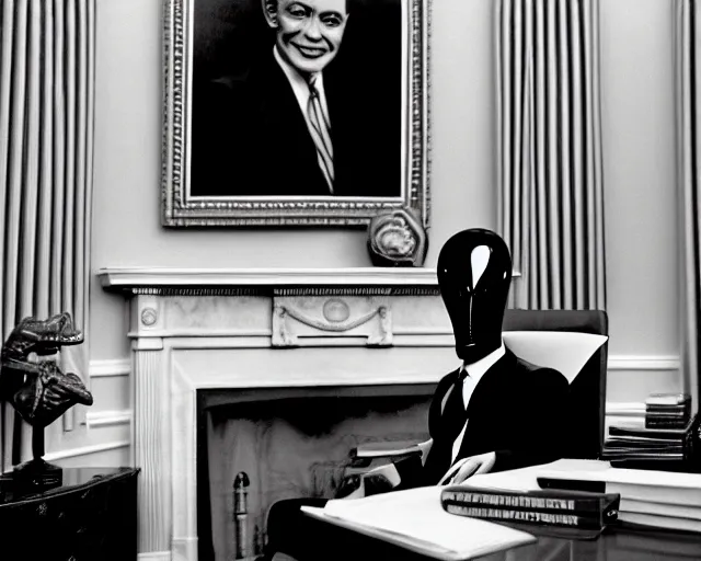 Image similar to a b-move alien lizard man wearing a suit, in the oval office, 1951, early black and white photo, cdx