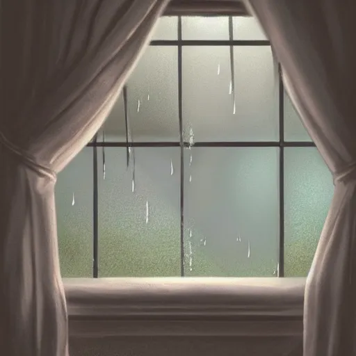 Prompt: on a rainy day, someone sits in bed, curled up under the covers, looking out the window at the rain falling, cinematic, artstation, extremely detailed, intricate, crepuscular ray