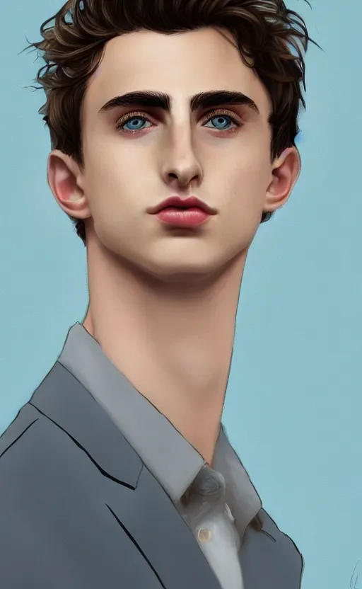 Image similar to portrait of a masculine 3 0 year old empeoror with thin face lines like timothee chalamet, have mi - long brown hair and blue eyes ( completely blue, without white, just blue ), very beautiful portrait, low angle, realistic anime style and perfect art, trending on artstation, good and dramatic lighting