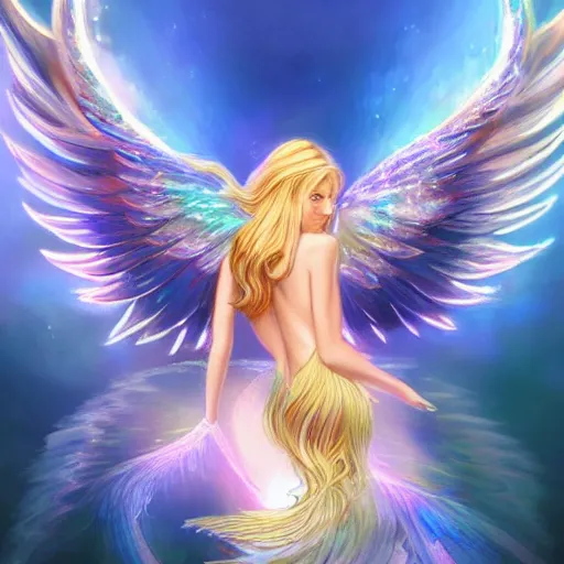 Prompt: Winged mermaid angel with blonde hair and glowing halo, iridescent, seraphim, fantasy, intricate, elegant, highly detailed, digital painting, artstation, concept art, smooth, sharp focus -ar 16:9
