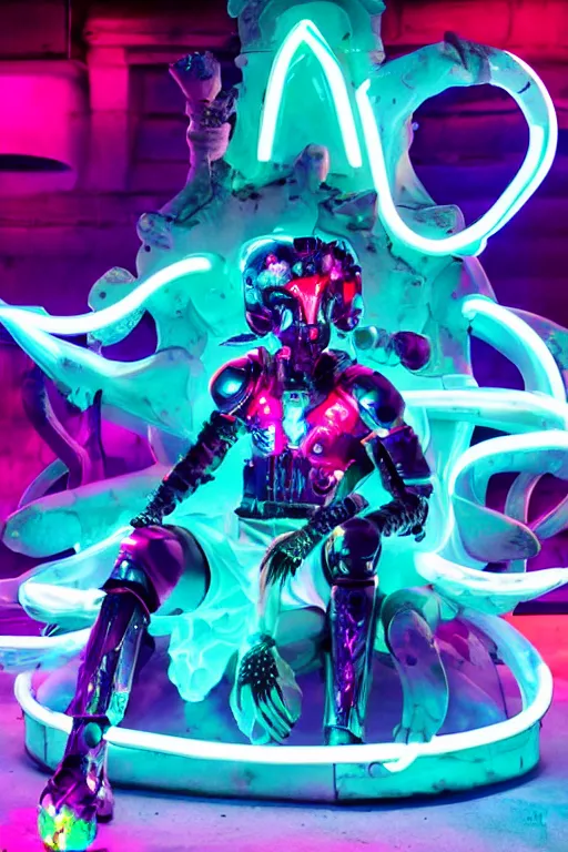 Image similar to fantasy medeival and cyberpunk style white neon statue of a muscular attractive tan male macho dotado android reclining sim roupa con piroca dura, glowing pink face, white baseball cap, blue steampunk lasers, emeralds, swirling silver silk fabric. futuristic elements. prismatic rainbow spotlight, full-length view. space robots. human skulls. throne made of bones, intricate artwork by caravaggio. Trending on artstation, octane render, cinematic lighting from the right, hyper realism, octane render, 8k, depth of field, 3D