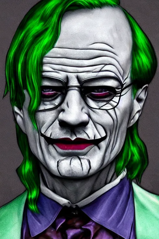 Image similar to walter white as the joker, green hair, photorealistic, highly detailed,