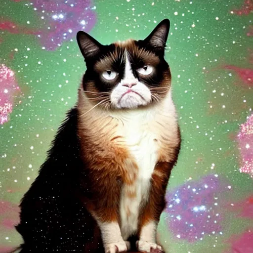 Image similar to Grumpy cat bathing in the opalescent cosmos, his worries melting away leaving a slight smirk on relaxed face, surrounded by stars and fancy feast, his decadence knows no bounds, he is grumpy no more