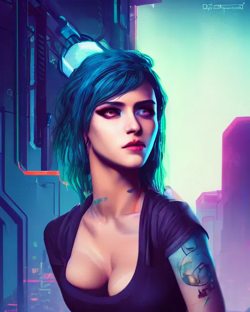 Prompt: portrait of a woman by CD Projekt Red and Prywinko and gantzu, cyberpunk, vaporwave, Halter-top, face, cute, shaded lighting, beautiful, realistic, perfect, extremely detailed, deviantart, artstation, 4k, 8k, Cyberpunk 2077, Blade Runner, wide eyes