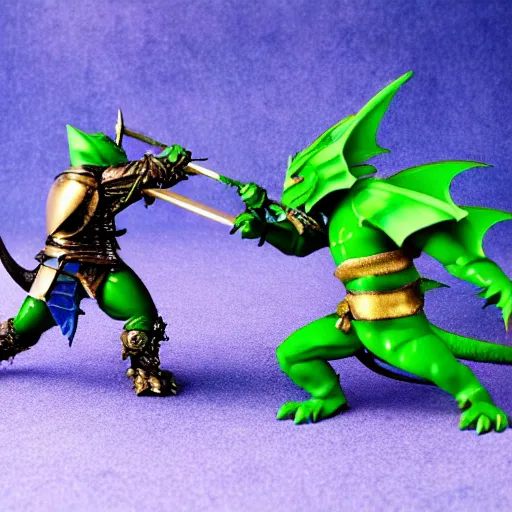 Image similar to dragon fight vs knight in green car with blue armor and a gold sword, berserk, manga