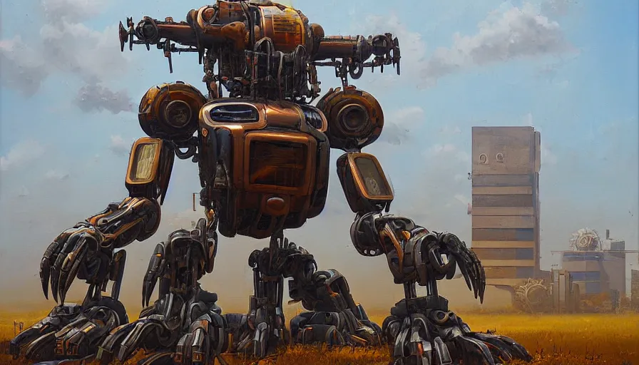 Prompt: an intricate oil painting of a giant scrap metal anime combine harvester humanoid mecha with rounded components by simon stalenhag