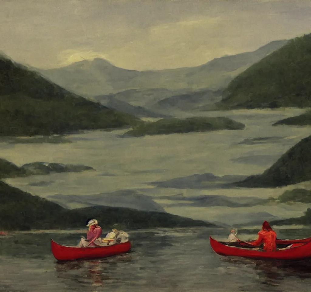 Image similar to one beautiful woman sitting in canoe on the hudson river, mountains in mist in the background, oil painting, style of george bellows