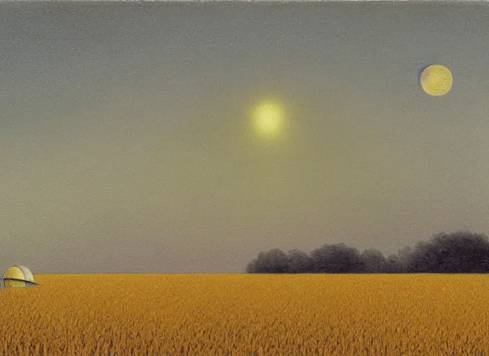 Prompt: Flying saucer landing in corn field with two moons in the sky, albumen silver print by Timothy H. O'Sullivan Ralph Mcquarrie