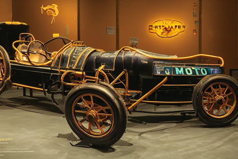 Image similar to cyberpunk 1 9 0 3 stanley steamer racecar, volumetric lighting, in a museum, museum exhibit, museum lighting, 9 0 s film photo