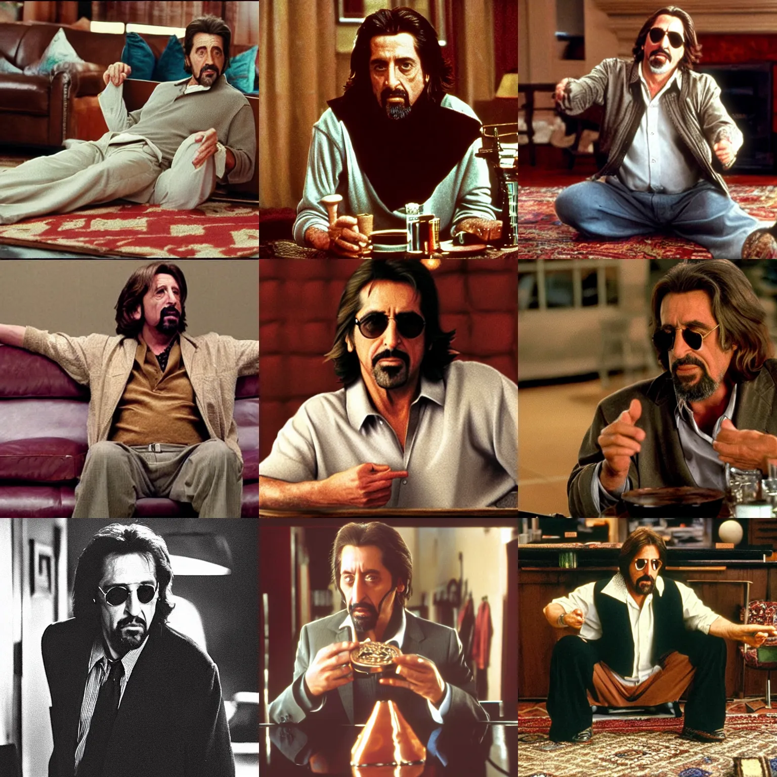 Prompt: a photo of Al Pacino as the Big Lebowski with his rug, acurate, photorealism