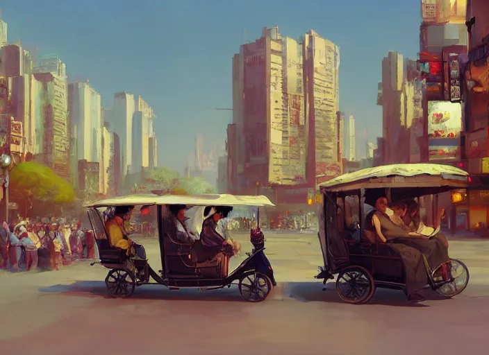 Prompt: an oligarch riding rickshaw-wagon being pulled by crowd of tired poor people in a Mandelbrot fractal modern city by Craig Mullins, ilya kuvshinov, krenz cushart, artgerm trending on artstation by Edward Hopper and Dan Mumford and WLOP and Rutkovsky, Unreal Engine 5, Lumen, Nanite