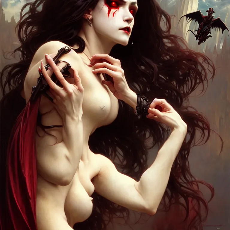 Prompt: vampire demon, painting, good against evil, highly detailed, digital painting, smooth, beautiful angle, weak demon, sharp focus, illusion, ultra - realistic, 8 k, strong and powerful confident angle artgerm, greg rutkowski and alphonse mucha