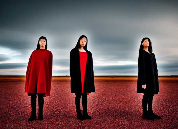 Image similar to photographic portrait of 2 clones in front of a brutalist metal building, 2 techwear women, on a desolate plain, red sky, black oversized clothes, sigma 8 5 mm f / 1. 4, 4 k, depth of field, high resolution, 4 k, 8 k, hd, full color