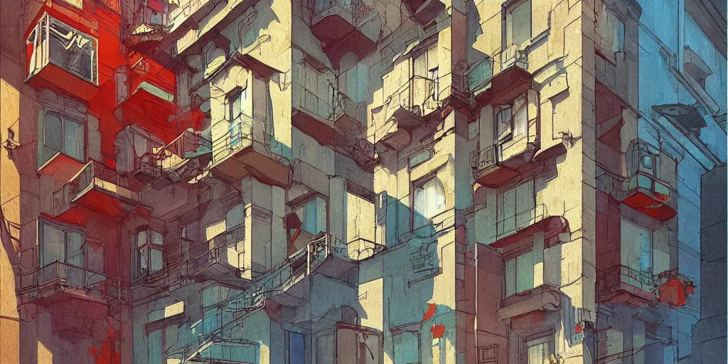 Image similar to neo brutralism, concrete housing, an archway, stairways, concept art, colorful, vivid colors, sunshine, light, shadows, reflections, oilpainting, cinematic, 3D, in the style of Akihiko Yoshida and Edward Hopper