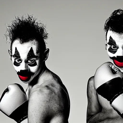Prompt: clowns boxing matching, clown makeup, clowns, clowns boxing, punching, hbo showtime boxing